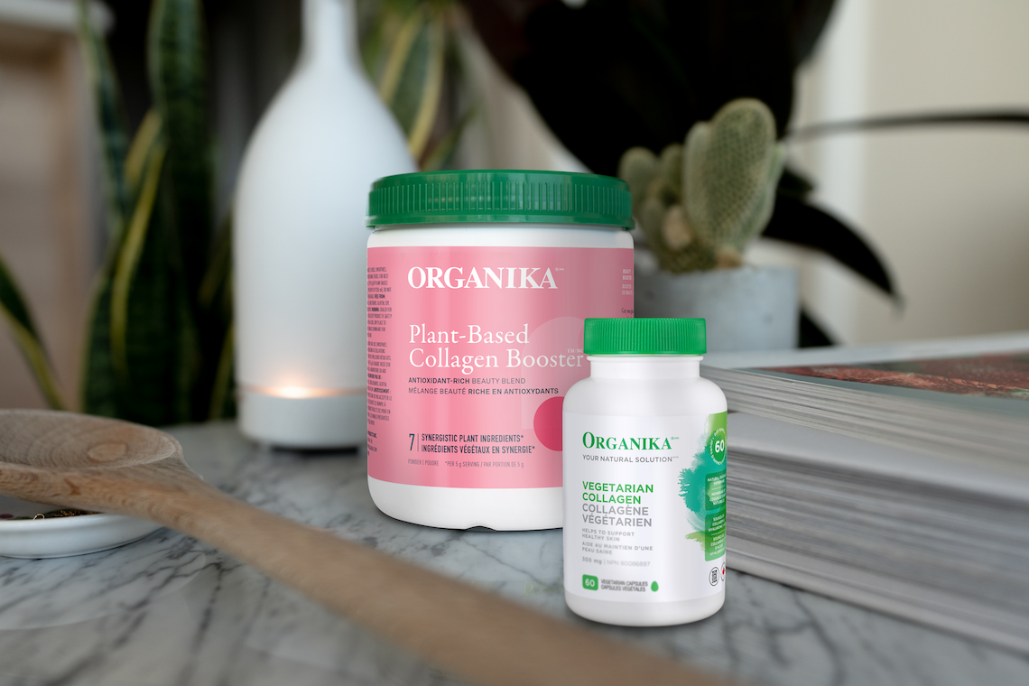 Organika Plant-Based Collagen Booster and Vegetarian Collagen on a table 