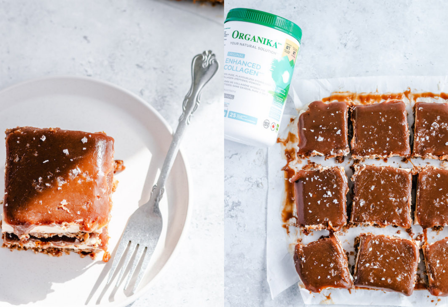 Salted Caramel Cheesecake Bars with a bottle of Organika Enhanced Collagen