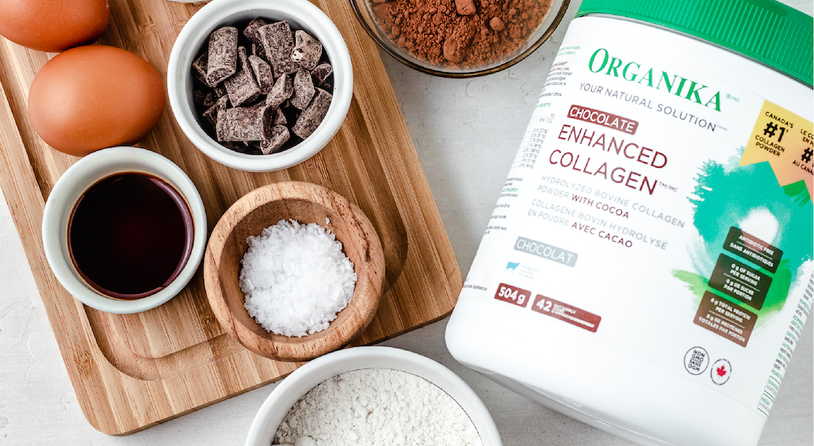 Organika's Chocolate Enhanced Collagen with other ingredients to make Tahini Chocolate Skillet Cake