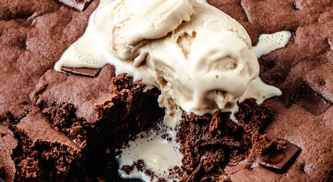 Tahini Chocolate Skillet Cake with Collagen with ice cream on top