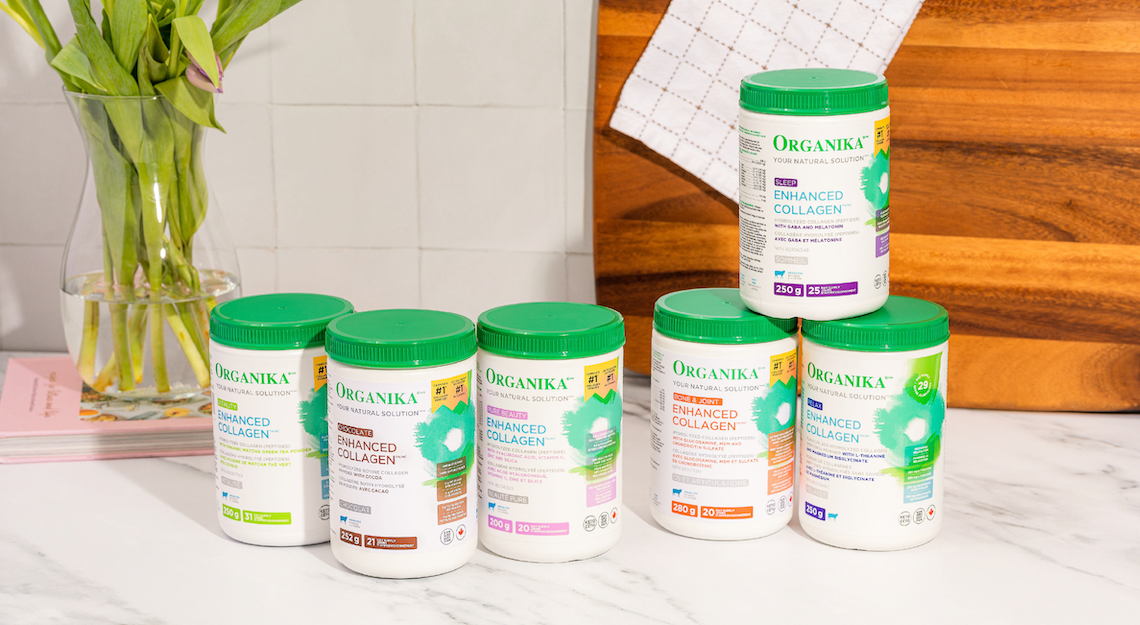 Organika's Enhanced Collagen blends lined up on a counter