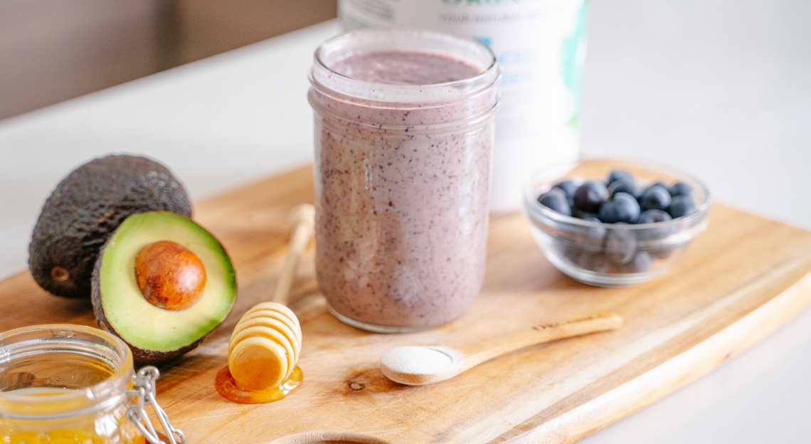 organika's enhanced collagen with avocado and blue berries