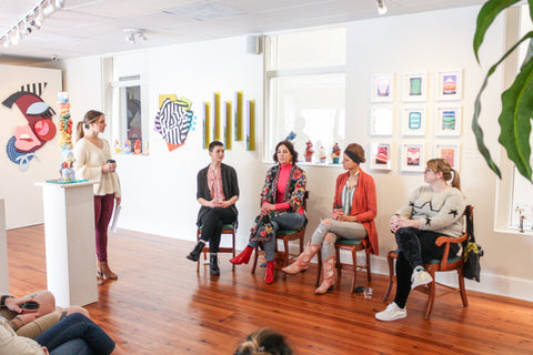 Artist talk at Miller Gallery in Charleston. Sarah Miller Angela Chrusciaki Blehm Mar Hester and Elise Thompson and Olivia Bonilla 