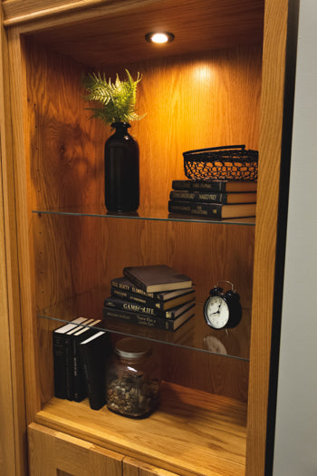 Glass shelves on a side cabinet
