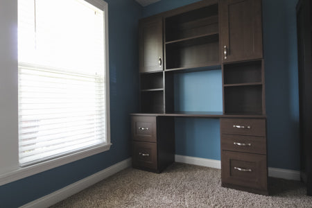 Classic chocolate melamine workstation with hutches and base cabinets