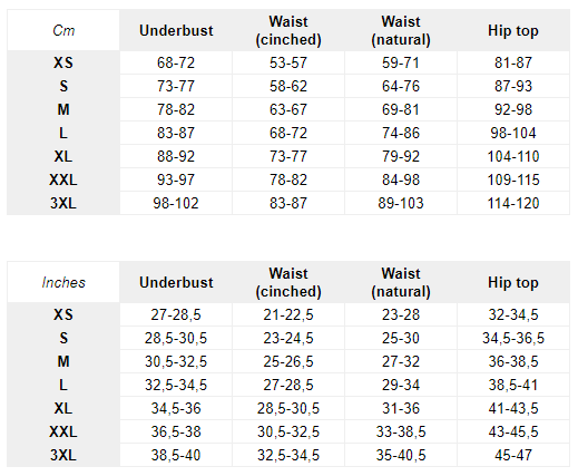 Size chart ready to ship corset Nemuro-Corsets.com