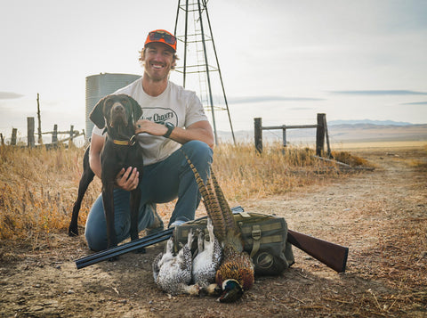 Final Rise upland hunting vest with sharptail and pheasant, using 28 gauge shotgun.