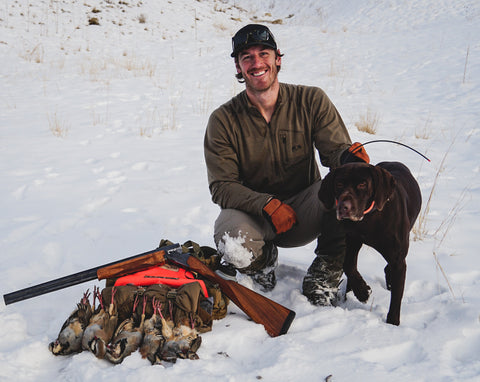 Final Rise Summit Vest with Utah Chukar hunting in snow with GSP Dog and Browning Citori Shotgun