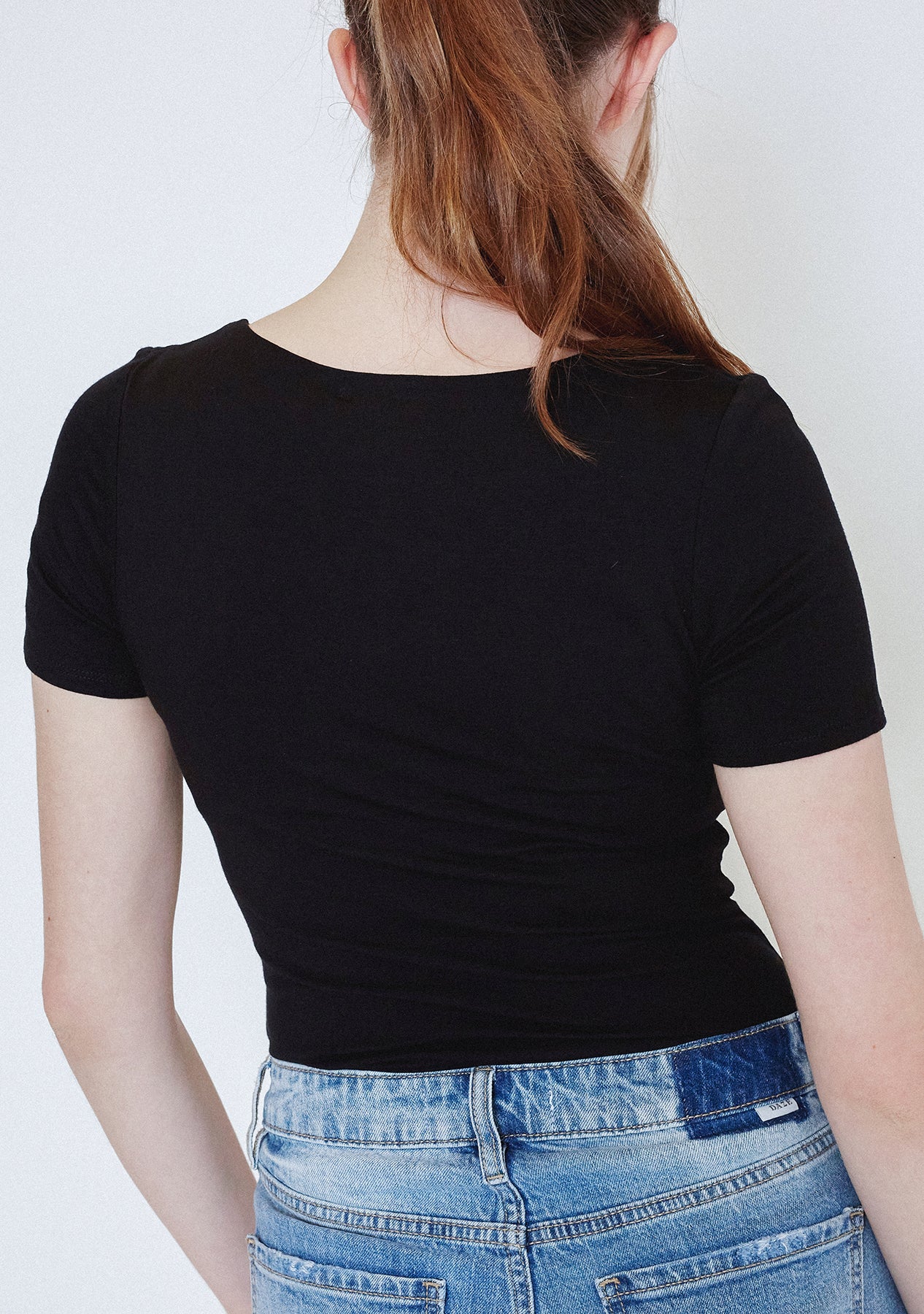 Black Structured Contour V Neck Band Short Sleeve Crop Top, Black, Compare