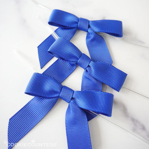 Ocean Blue Grosgrain Pre-tied Bow, 3.25” Bow, 5” Twist Tie, 7/8 Ribbon -  Pack of 50 Bows - Miss Cookie Packaging