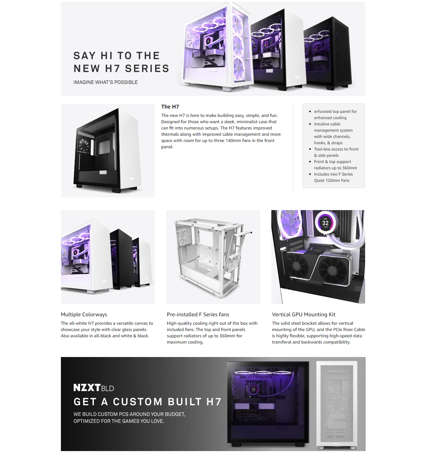 NZXT H7 - Mid-Tower PC Gaming Case - Tempered Glass - Enhanced Cable  Management - White 