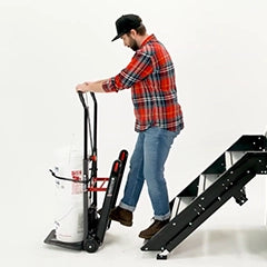 Prepare for easy stair climbing with Voltstair. Position tracks 10” from the bottom stair, pull handlebar towards you.