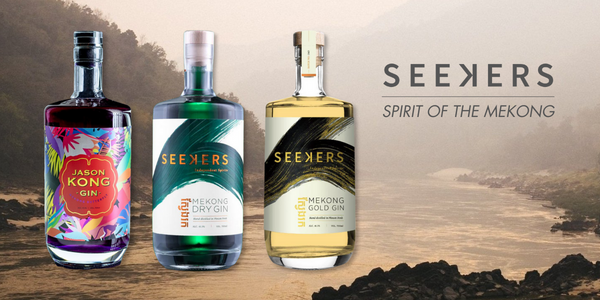 3 variations of Seekers Gin, Mekong, Jason Kong, Gold, with a river shore in the background and a text Spirit of the Mekong