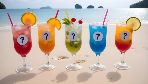 5 iced cocktails with a question mark tag on a summer phuket beach