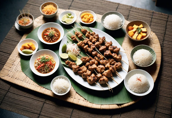 AI example of different Thai food dishes with grilled pork skews, somtam payaya salad, jasmin rice, chopped fruit and lime slices