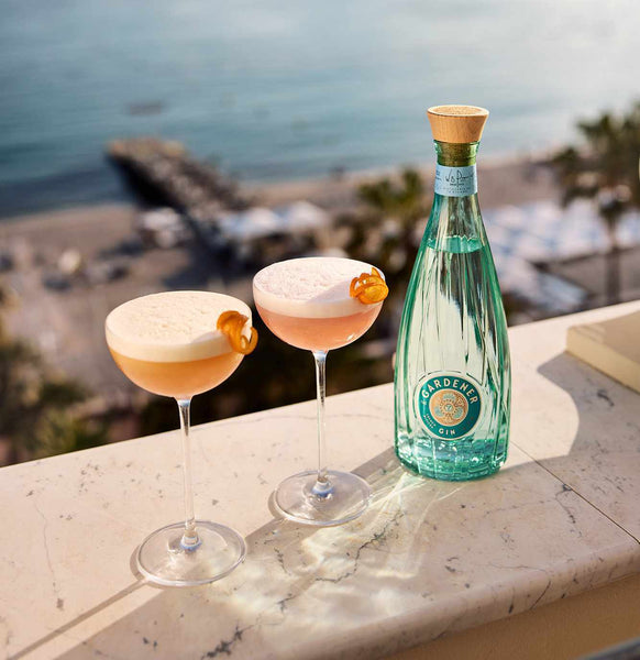 Bottle of The Gardener Gin with 2 cocktails and seashore in background