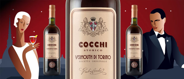 Cocchi Storico Vermouth di Torino banner image with the label in the center and vintage cartoons on the background