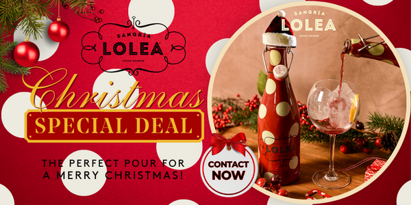 Christmas Promotion special deal with bottle of Lolea sangria and a ball glass with ice being filled with wine