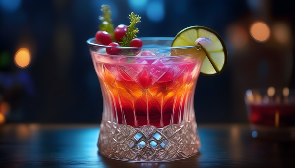a fancy garnished colorful cocktail in a beautiful and well decorated glass