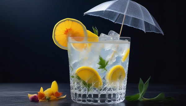 a glass of gin tonic garnished with a citrus peel, lemon, edible flowers and an umbrella
