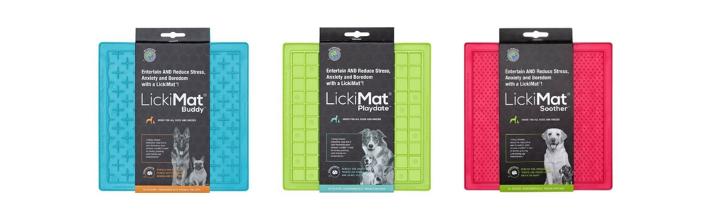 LickiMats Classic licky mats for dogs - Licki Mat brand - blue cross, green square, pink dot pattern dog licky mats