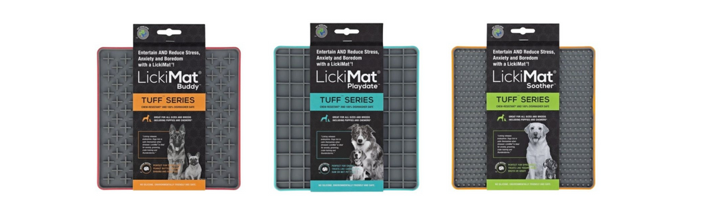 LickiMats Tuff licky mats for dogs - Licki Mat brand - red cross, blue square, orange dot pattern dog licky mats
