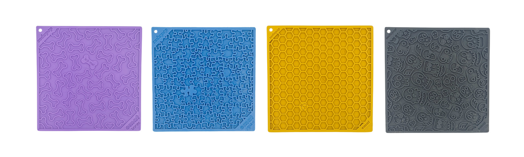 SodaPup licky mats for dogs - Purple bone, blue jigsaw, yellow homeycomb, black zombie pattern dog licky mats