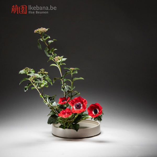 Basic Upright Style Ikebana composition with red flowers