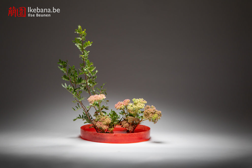 Moribana Style Flower arrangement with red shallow vase