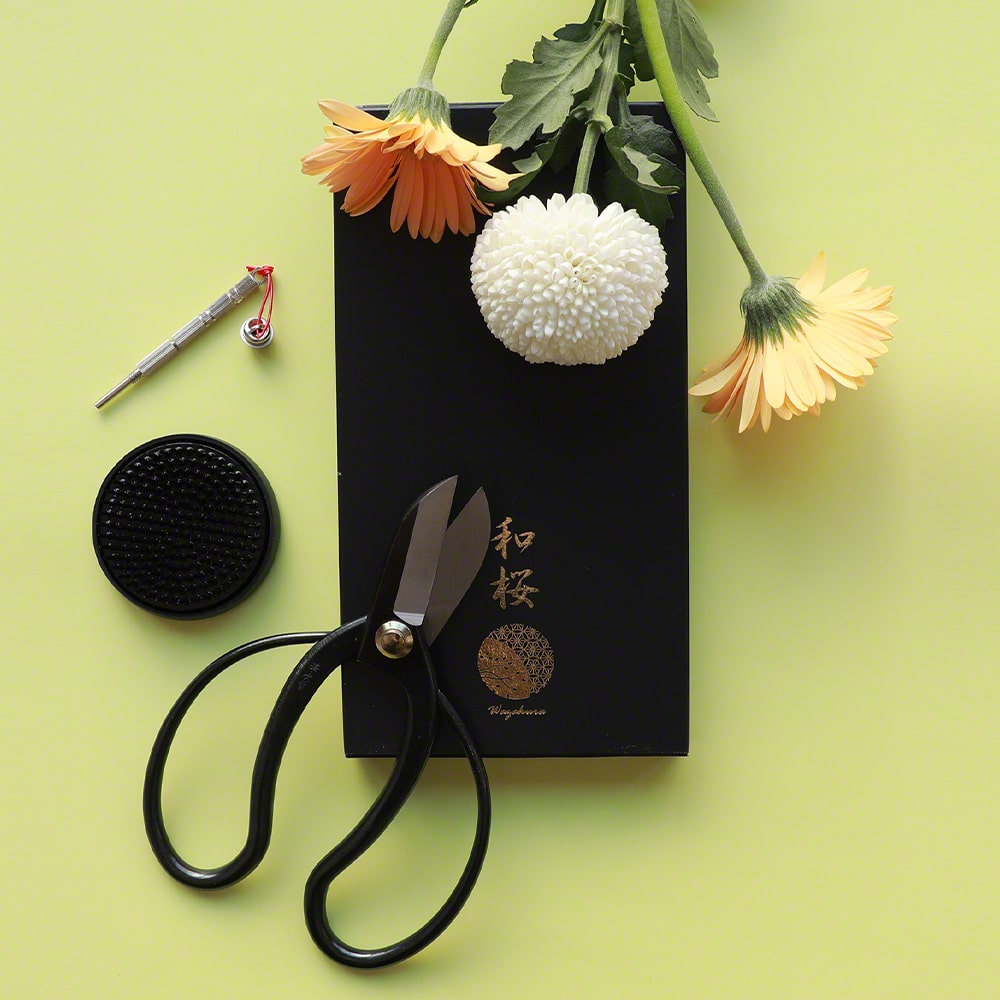 3PCS Japanese Ikebana Essential Tool Set [ Koryu Scissors + Round Black Kenzan + Needle Care Tool]