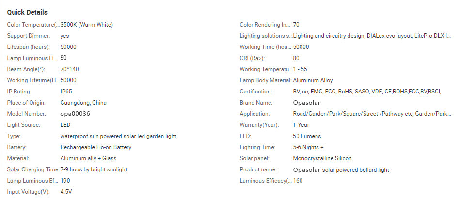 OPASOLAR LED Solar powered outdoor pathway light