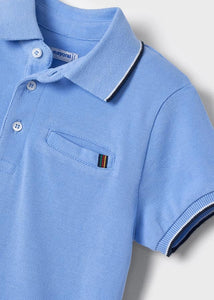Boy's Navy print Bermuda Shorts and sky blue Polo Shirt Set. Mayoral 3269 boys shorts and tee shirt in sky blue and navy detail