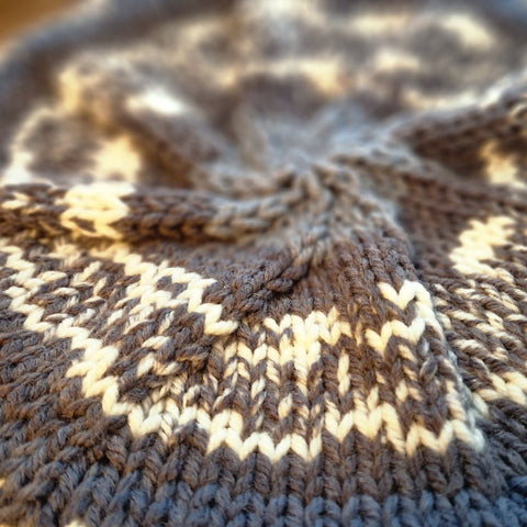 A shot of a circle of knitting, in dark blues with a white fair-isle effect pattern going around it.
