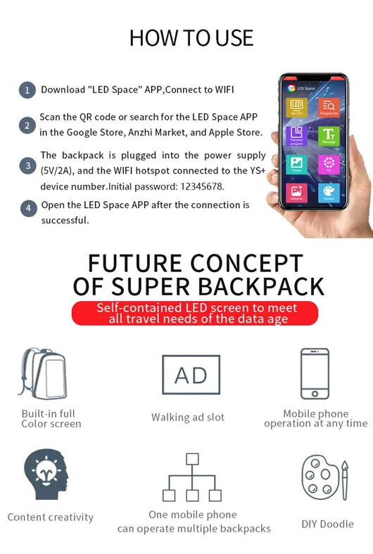 LED Advertising Display Backpack Outdoor Walking School Bag Full Color  Screen Smartphone Programmable LED Backpack Portable Bag