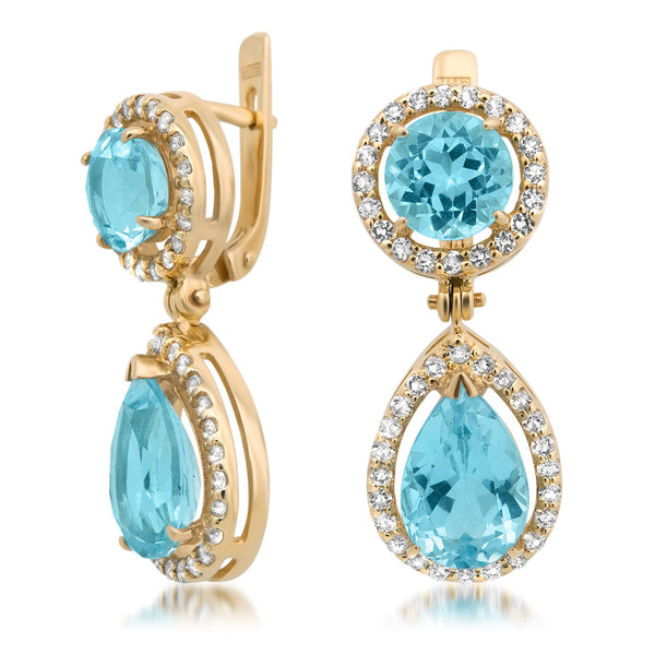 14K Yellow Gold Earrings with Blue Topaz - Drukker Designs