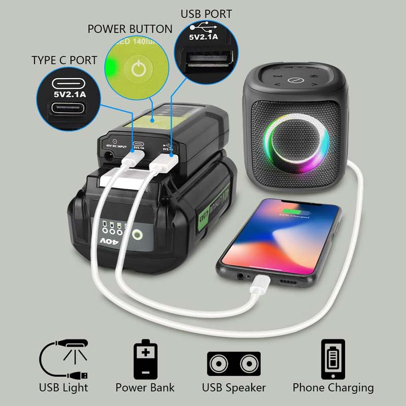 Powuse Portable Power Source for Ryobi 40V Battery Adapter with 140LM LED Light