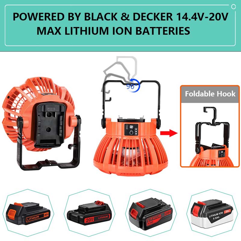 Black Decker 20V Battery Powered Camping Ceiling Fan with LED Lantern Powuse