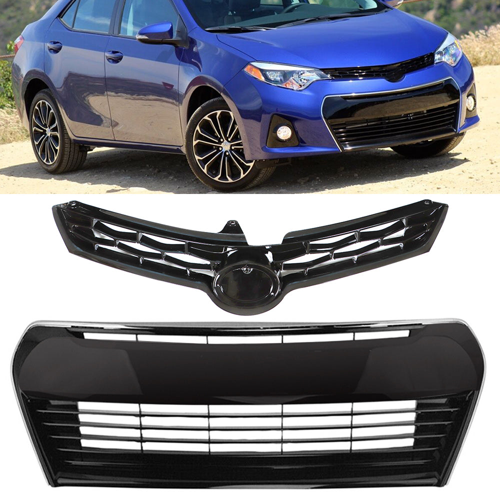 Upper+Lower Gloss Black Front Bumper Grille Fit For 2014-2016 Toyota Corolla S