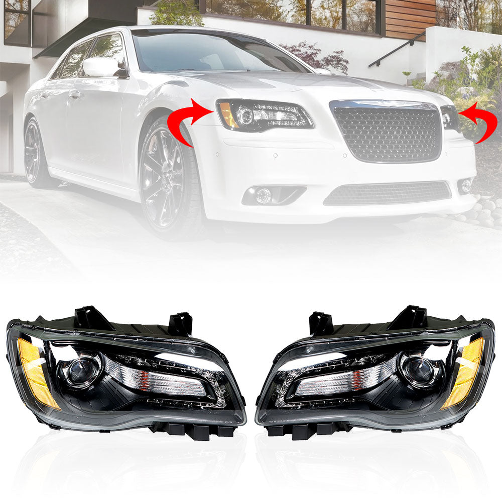 Headlights Headlamps Halogen Black LH & RH CH2502235 For 2011-2014 Chrysler 300 Lab Work Auto