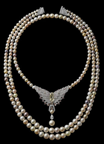 a double strand of enormous, natural South Sea pearls; the smaller is a strand of 55 pearls and the larger, of 73. The two together were worth $1 million – in 1917 