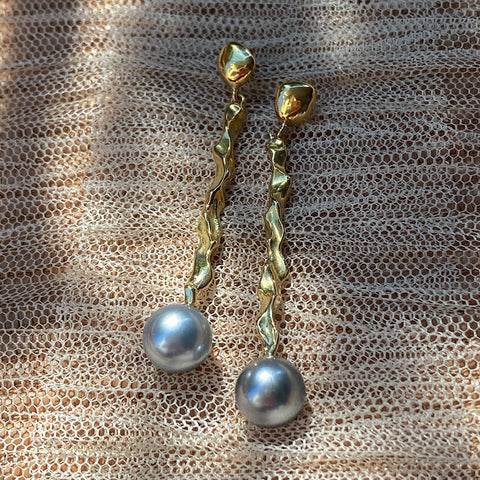 18k gold long drop Tahitian Pearl earrings by Jane Bartel Jewelry