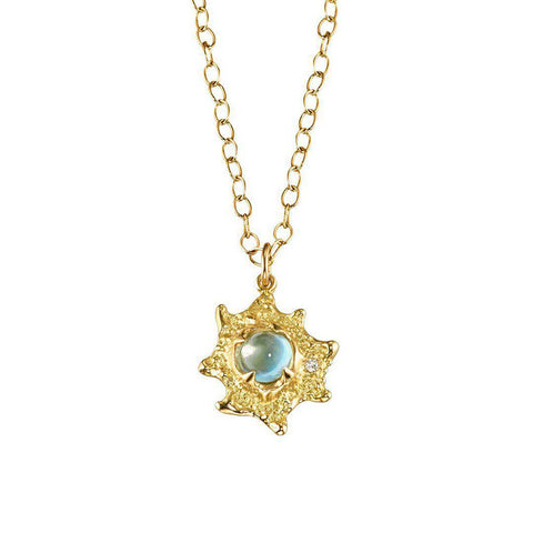 Textured ocean inspired aquamarine necklace with a small white diamond on an 18k gold chain by Jane Bartel
