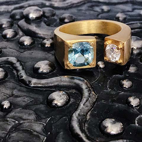 18k gold, diamond and Brazilian aquamarine handcrafted ring by Jane Bartel Jewelry