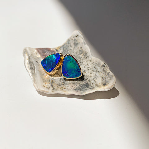 Australian opal stud earrings in 14k gold by Jane Bartel Jewelry