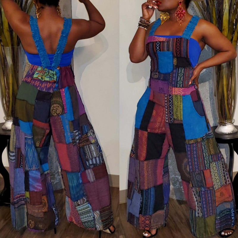 Patchwork Loose Suspender Jumpsuit