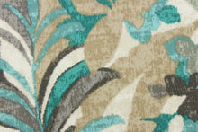 Load image into Gallery viewer, This outdoor fabric features a floral design in gray, dull white, teal and beige. 
