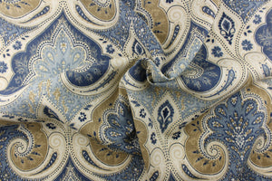   A beautiful large damask paisley design in blue, beige, navy, white, khaki and cream .