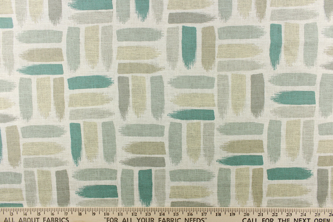  This fabric features a geometric design of horizontal  and vertical short brush strokes in shades of green, blue green, gray tones and beige tones on a natural or off white background. 