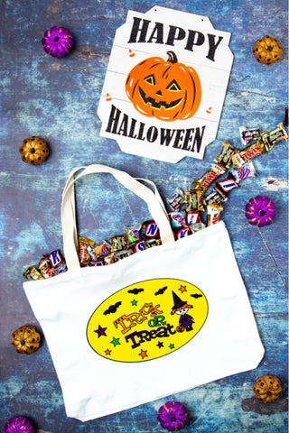 halloween treat bag with candy and sign 