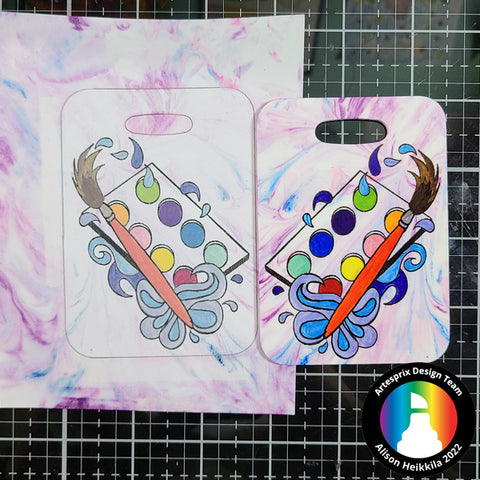sublimation bag tag design with stamp pads and paint 